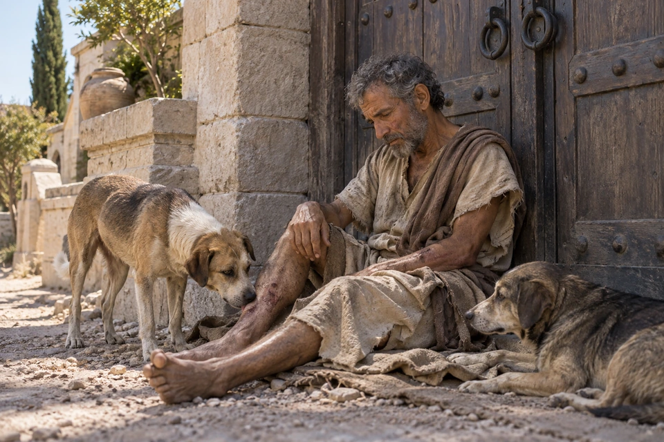 A thin gray-haired man in torn clothing sits barefoot against a closed gate, with sores on his limbs; one dog licks his lower leg while another lies beside him.