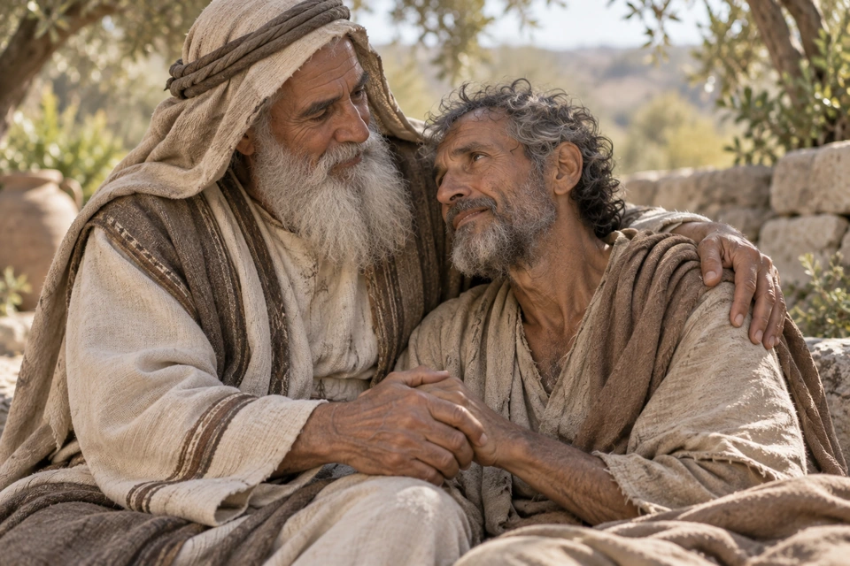 An elderly man with a long white beard and light head covering holds the gray-haired man's hand and rests an arm around his shoulders as they look at one another.