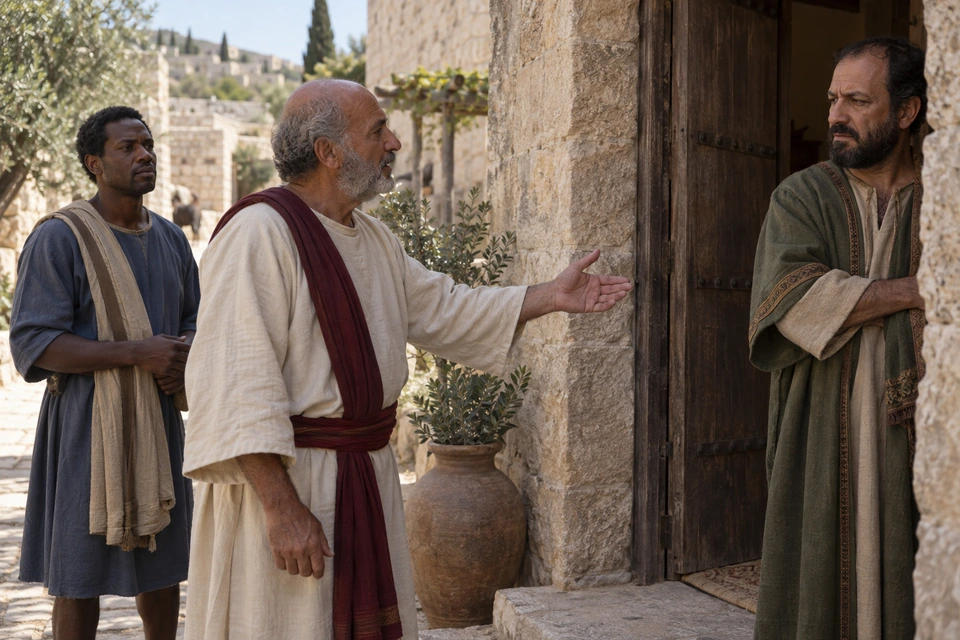 Two servants stand at a doorway as the older man extends an open hand toward a man standing inside.