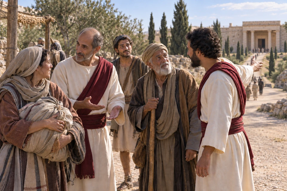 Two distinct servants in cream tunics speak with people beside a road, one gesturing toward a distant columned entrance.