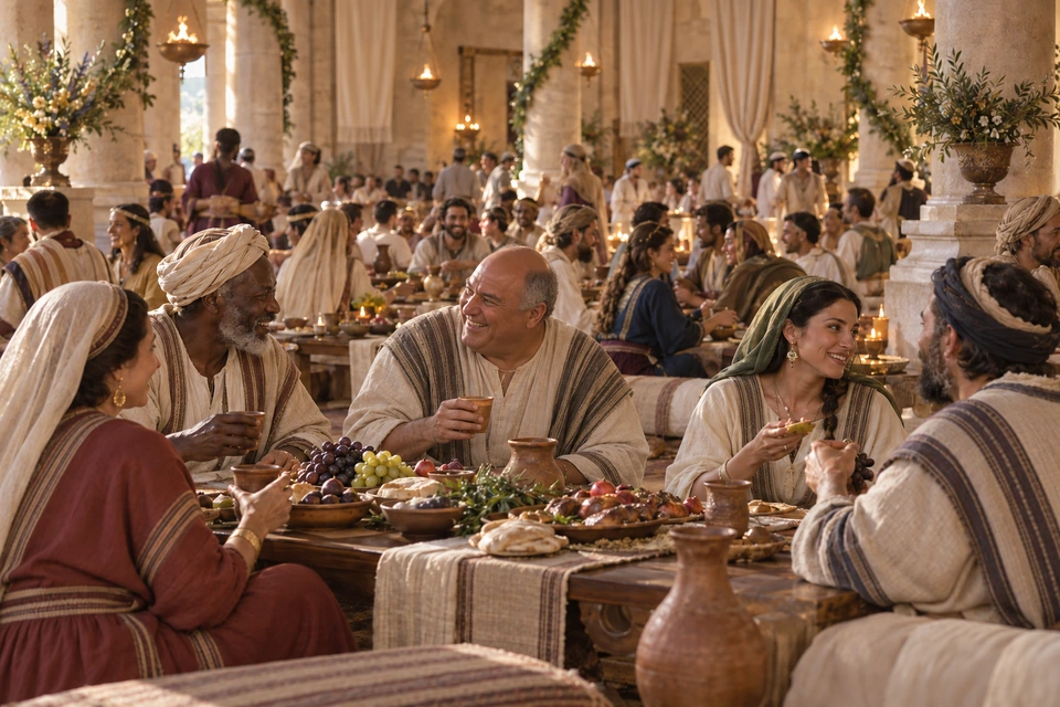 A varied group of guests shares food and conversation at crowded banquet tables beneath plain hanging cloths.