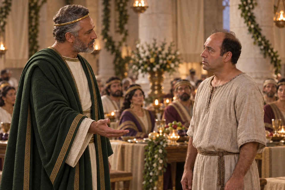 A king wearing a simple circlet and dark green cloak addresses a plainly dressed man among the banquet guests.
