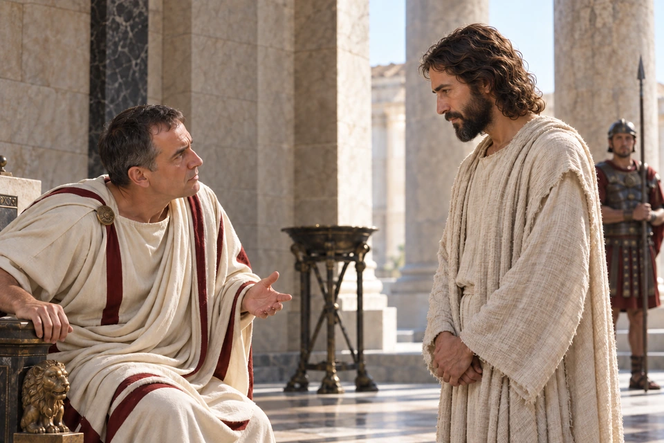 Jesus inclines His head toward Pilate, who questions Him from his seat.