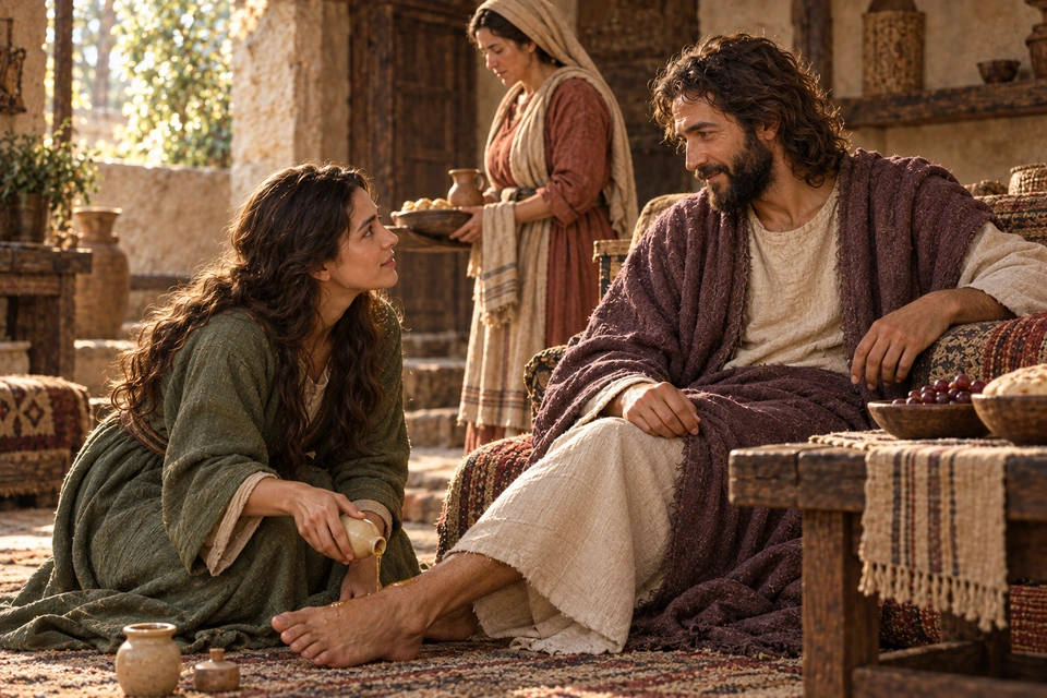 Mary pours ointment onto Jesus's feet while He looks toward her and Martha serves behind them.