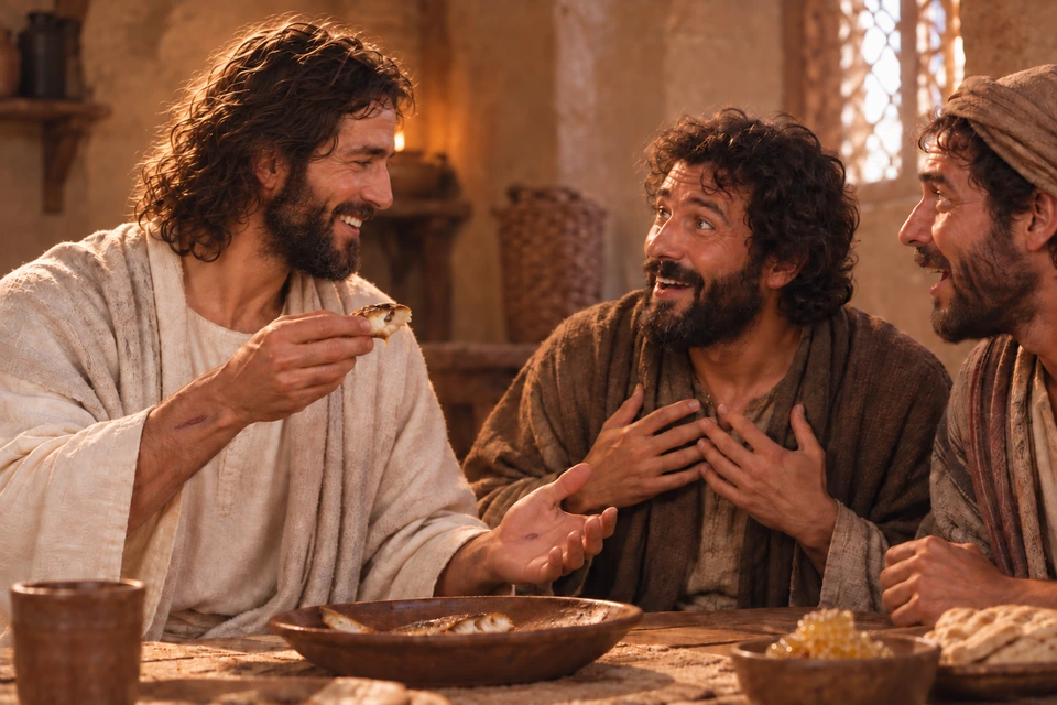 The risen Jesus turns toward a disciple while holding a piece of fish, with another disciple watching beside him.