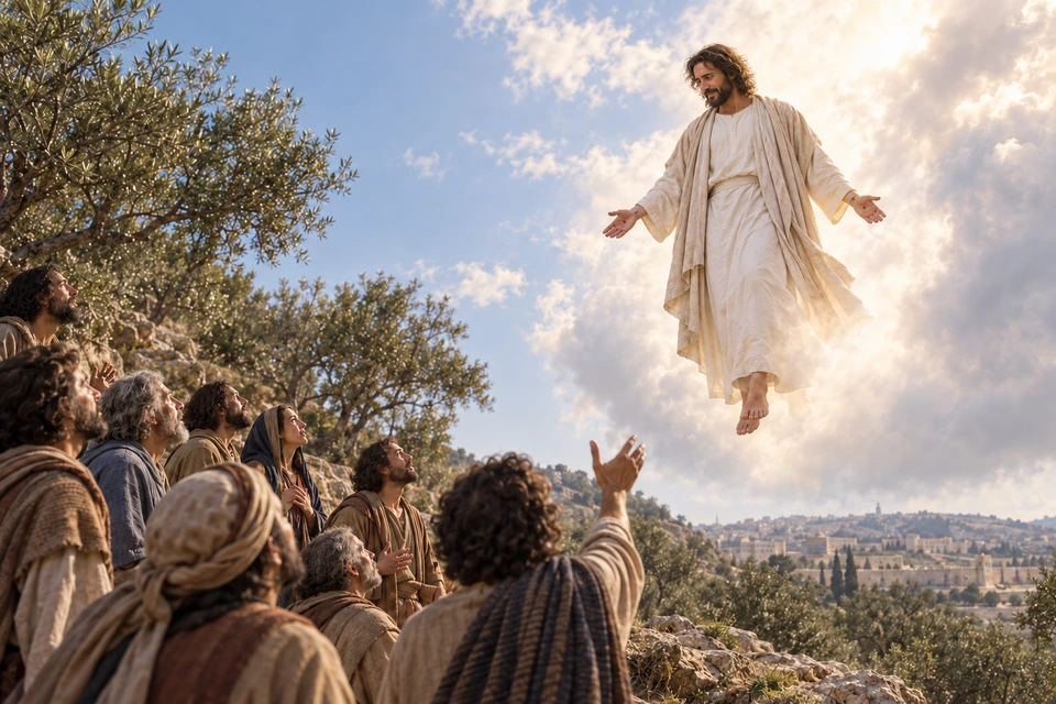 Jesus rises above an olive-covered hillside, looking tenderly down toward the disciples watching Him.