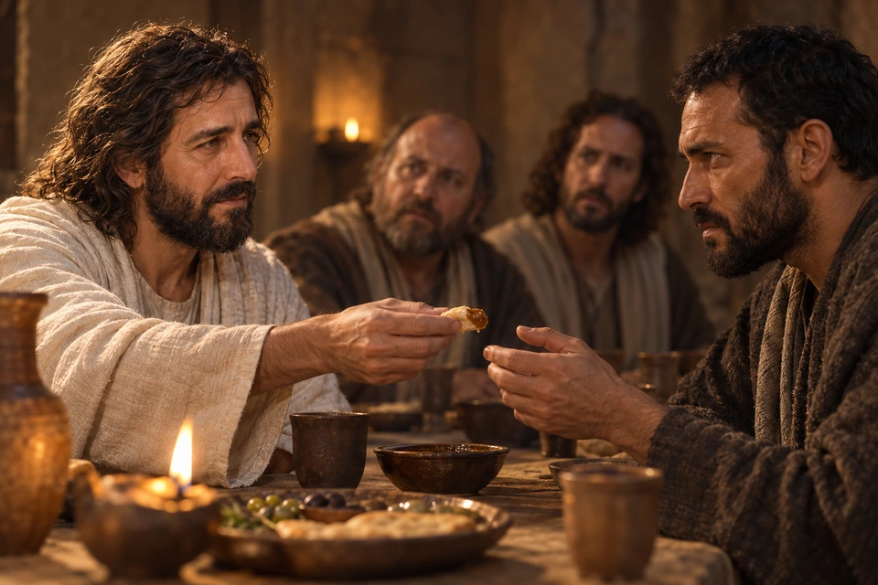 Jesus extends a dipped morsel toward Judas while two disciples watch from behind.