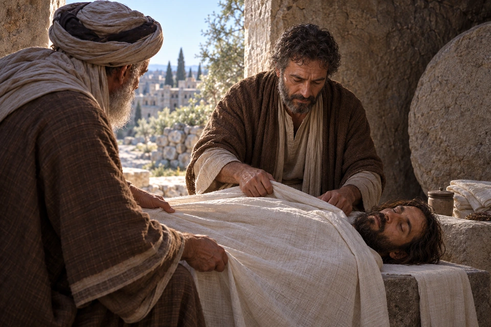 Joseph of Arimathea and Nicodemus draw linen over Jesus's body inside a stone tomb.