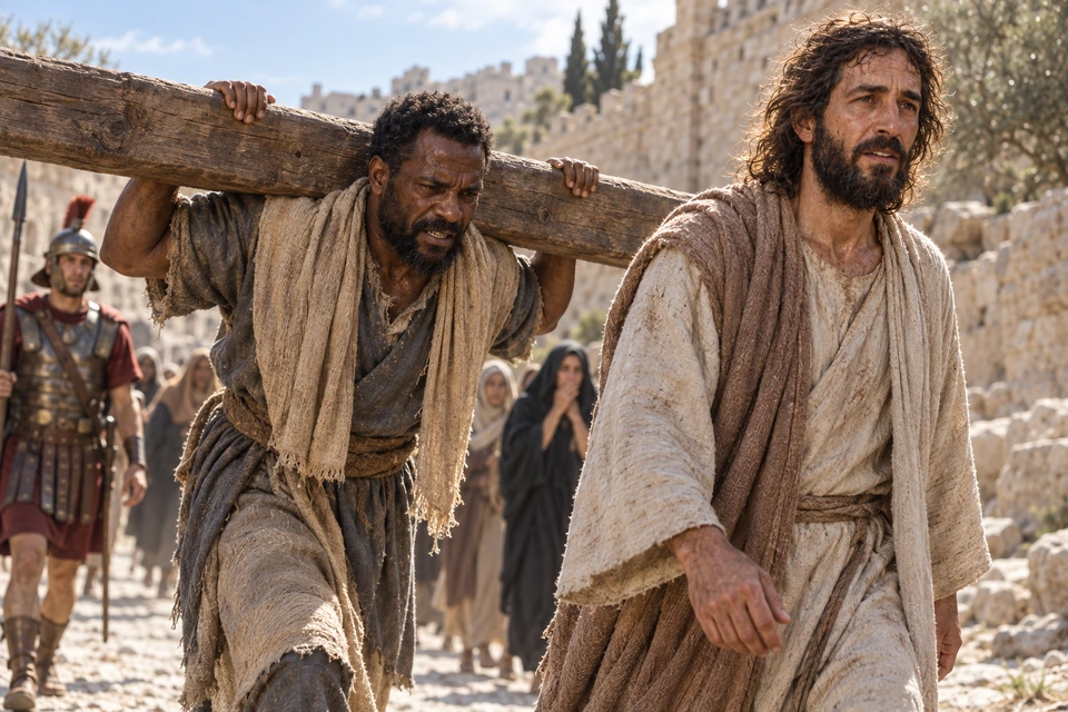 Simon carries a heavy wooden beam behind Jesus while women and a guard follow along the road.