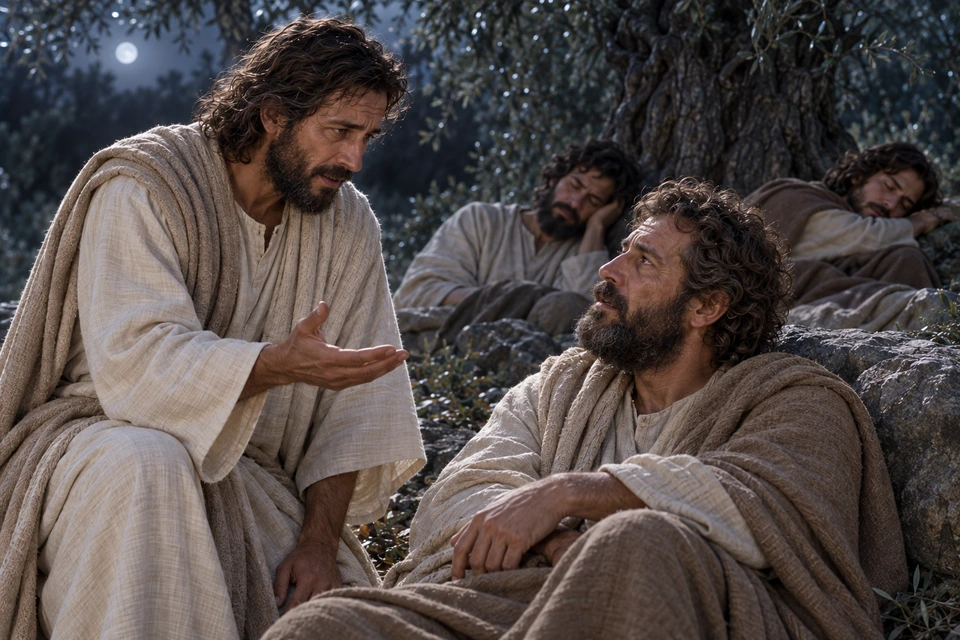 Jesus speaks earnestly to Peter beneath olive trees while James and John sleep behind them.