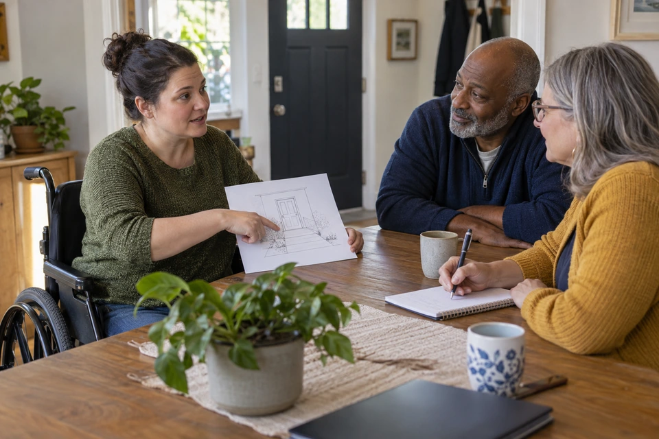 A woman using a wheelchair points to a doorway sketch while two people listen at a home table.