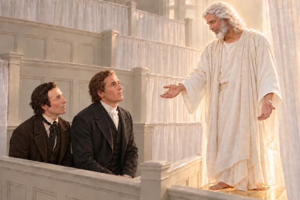 Joseph Smith and Oliver Cowdery look upward toward the white-haired Savior in the Kirtland Temple.