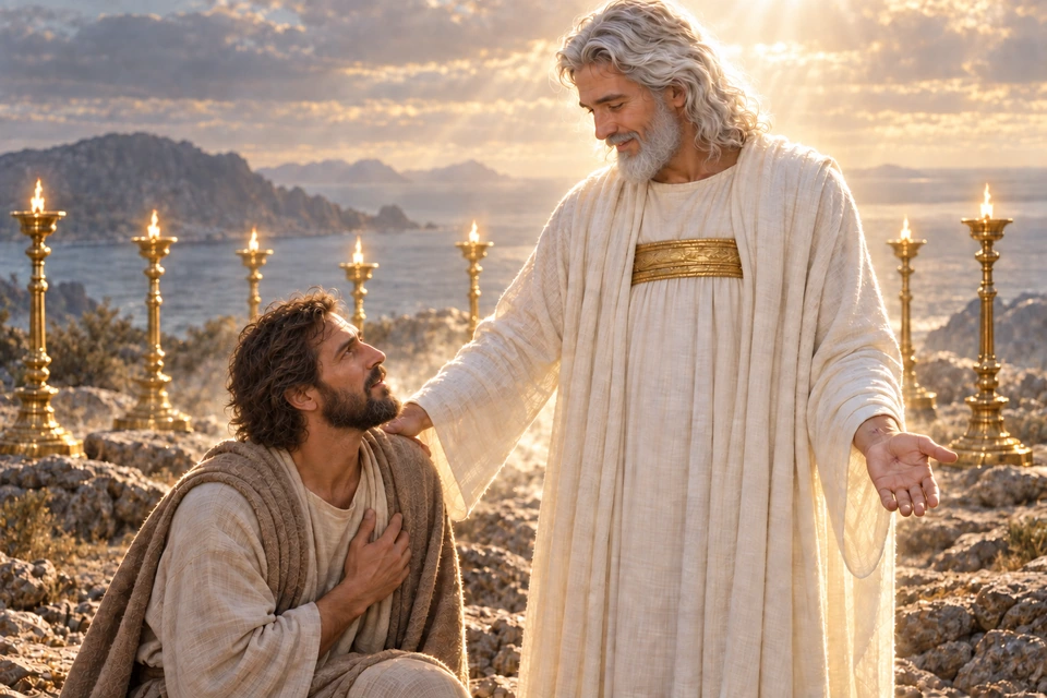 The risen Savior touches John's shoulder among seven golden lampstands.