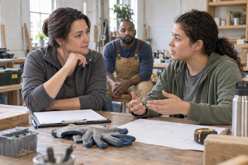 Two women speak across a workshop table while a third adult listens behind them.