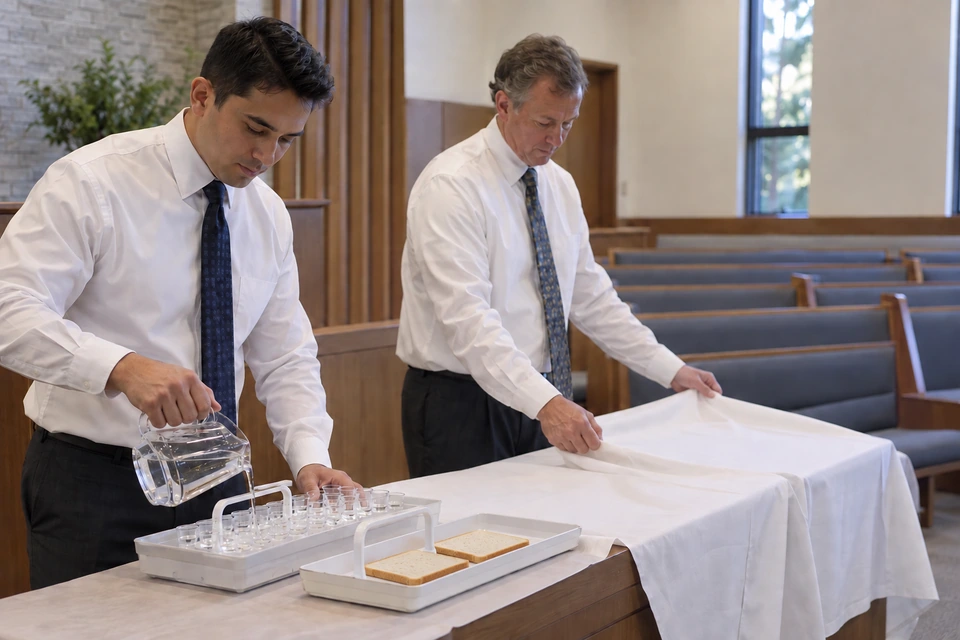Two men prepare a table in an empty chapel, one pouring water into small cups and the other arranging a white cloth.