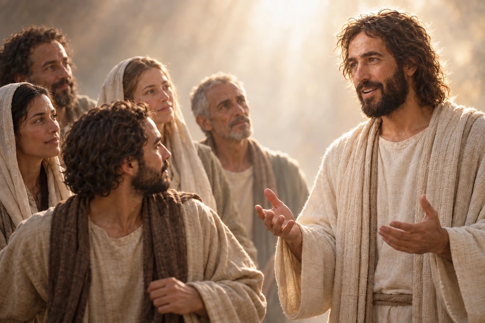 Jesus addresses attentive men and women, including an older gray-haired man, in a softly lit setting.