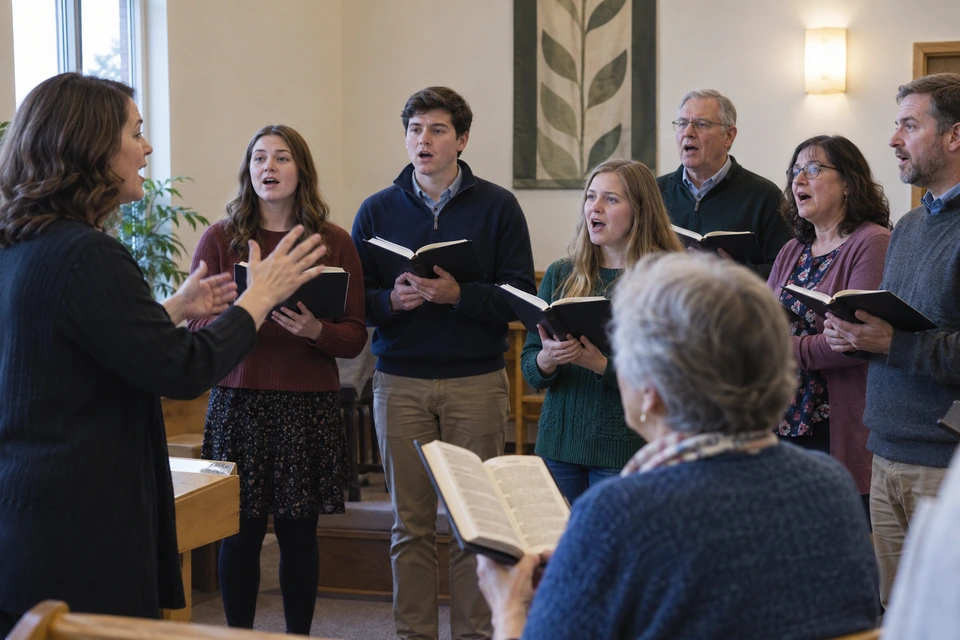 A small choir follows a woman leading with her hands while an older woman holds an open hymnbook in the foreground.