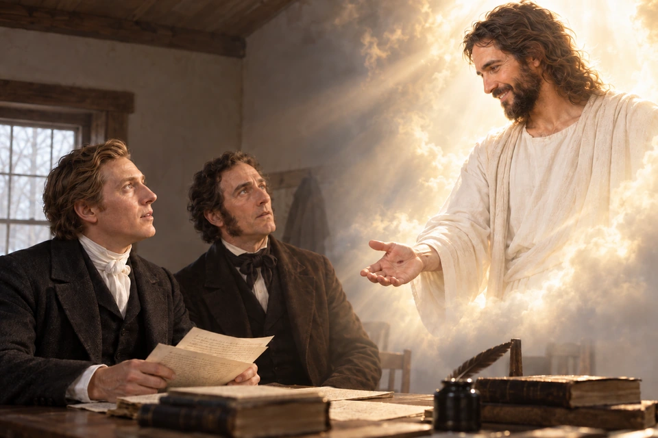 Joseph Smith and Sidney Rigdon look toward the risen Savior in a vision above their scriptural work.