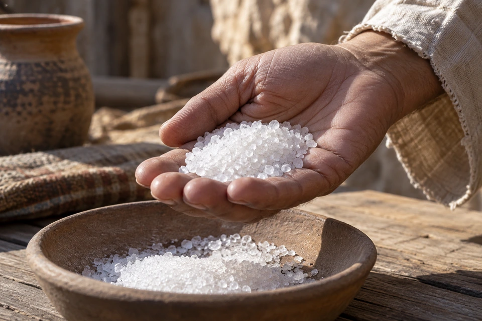 A cupped hand holds coarse white salt crystals above a shallow bowl on a wooden table.