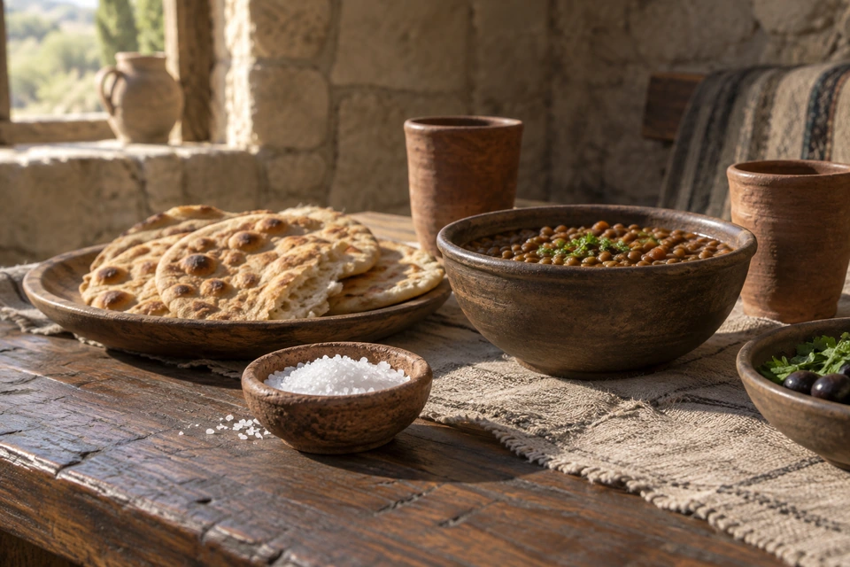 A small bowl of coarse salt sits beside flatbread, a bowl of legumes, clay cups and greens on a rustic table.