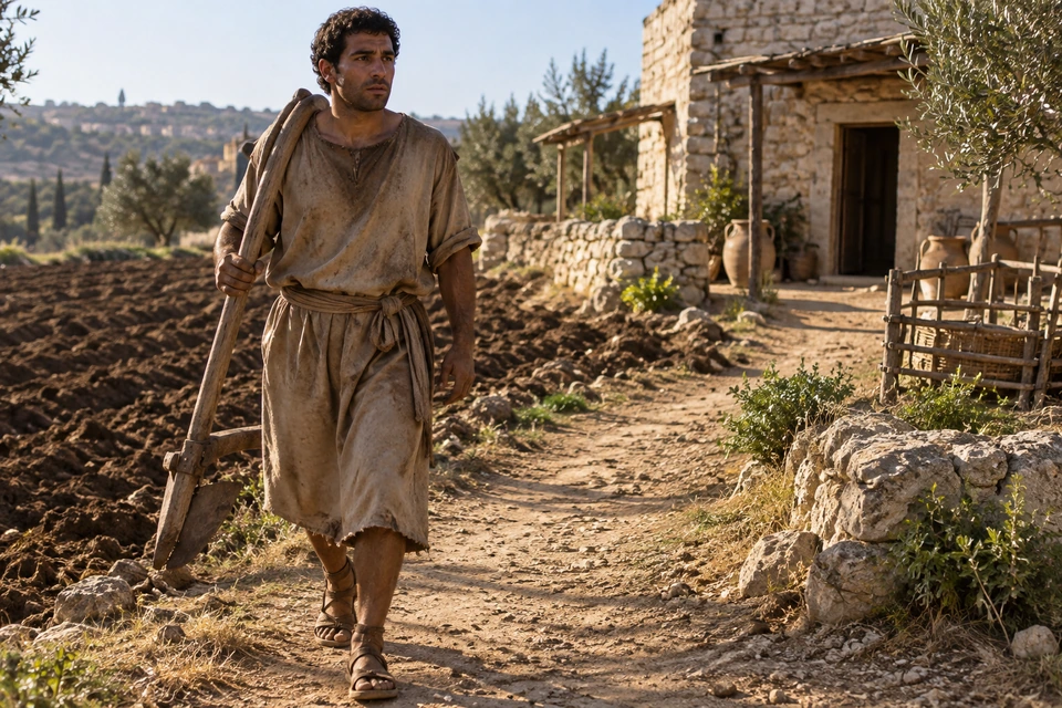 A curly-haired man in a worn light tunic walks along a path beside a worked field, carrying a wooden agricultural implement against his shoulder.