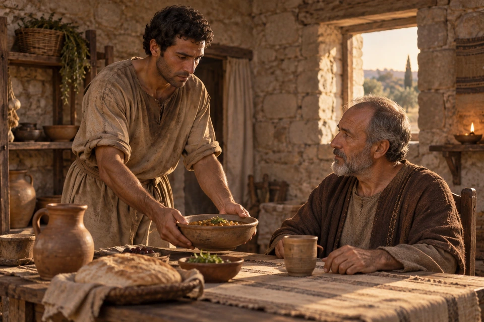 The same man holds a large bowl of food with both hands above a table before an older seated man, with bread, a cup and a jug nearby.