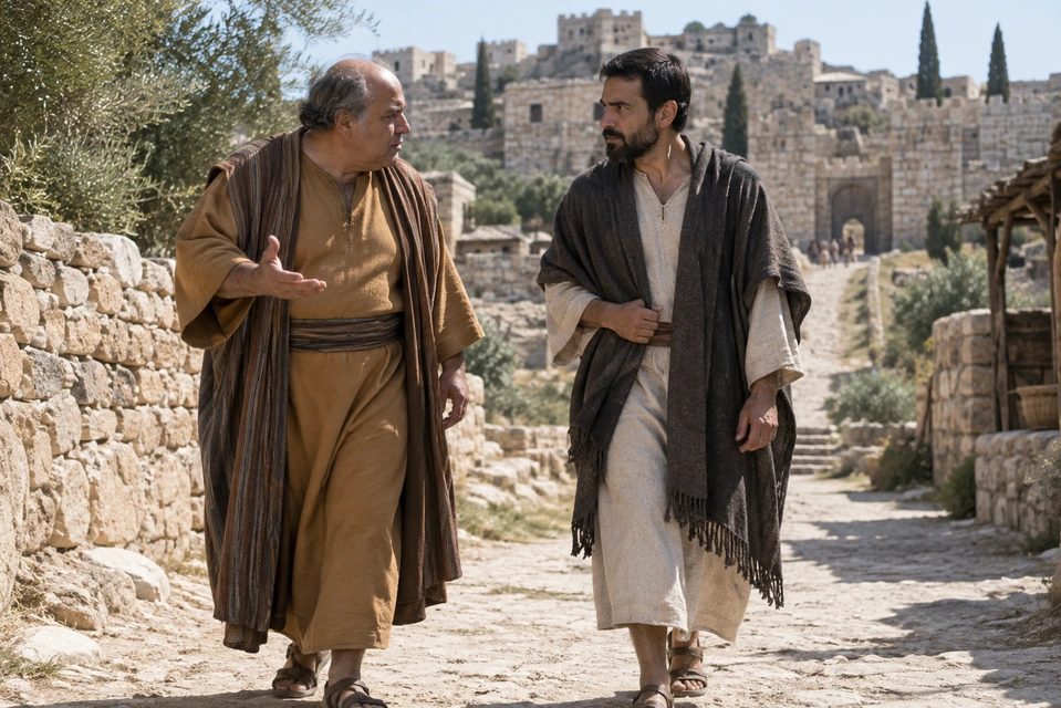 An older balding man in ochre and a younger dark-haired man in cream and charcoal walk together on a stone path, facing one another as the older man gestures.