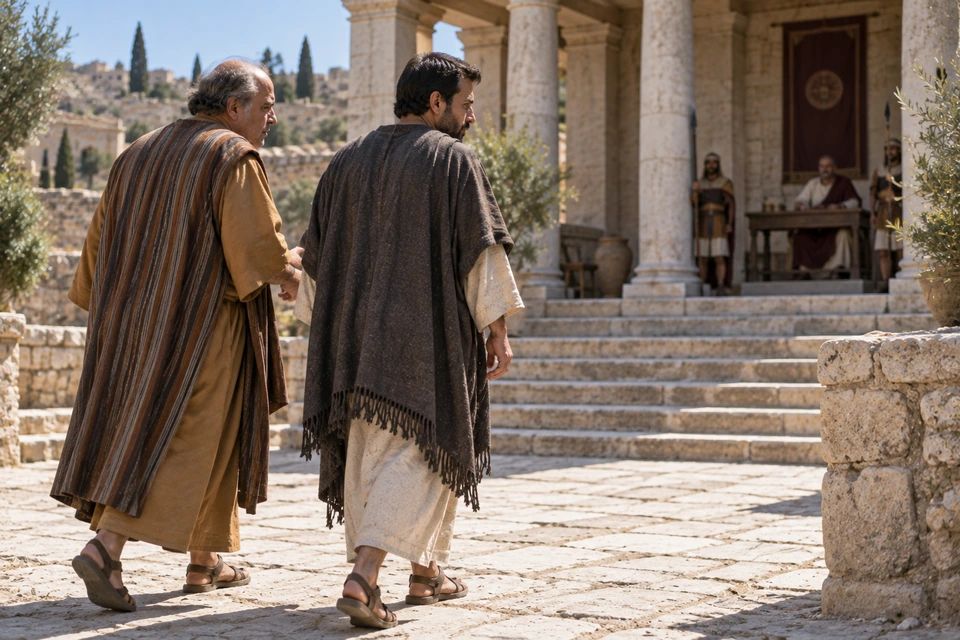 The same two men approach stone steps leading to a seated official and two guards under a columned portico.