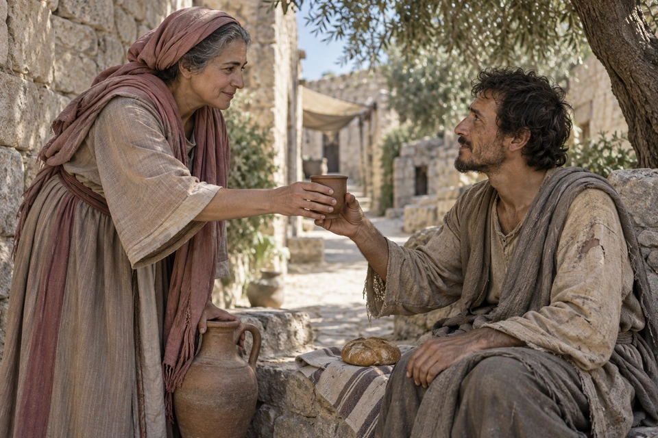 A woman offers a clay cup to a seated man, with a loaf of bread beside him and a water jug near her other hand.