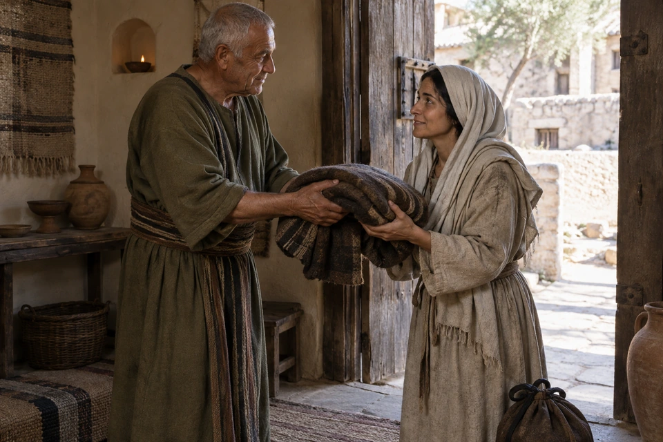 An older man and a woman hold a folded woolen covering between them at an open doorway.