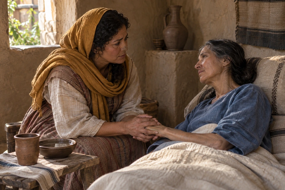 A seated visitor holds the hand of a reclining woman as they look toward one another beside a small table with a cup and bowl.