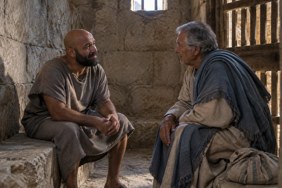 Two men sit facing one another in a stone room beside a barred wooden doorway, leaning into an attentive conversation.