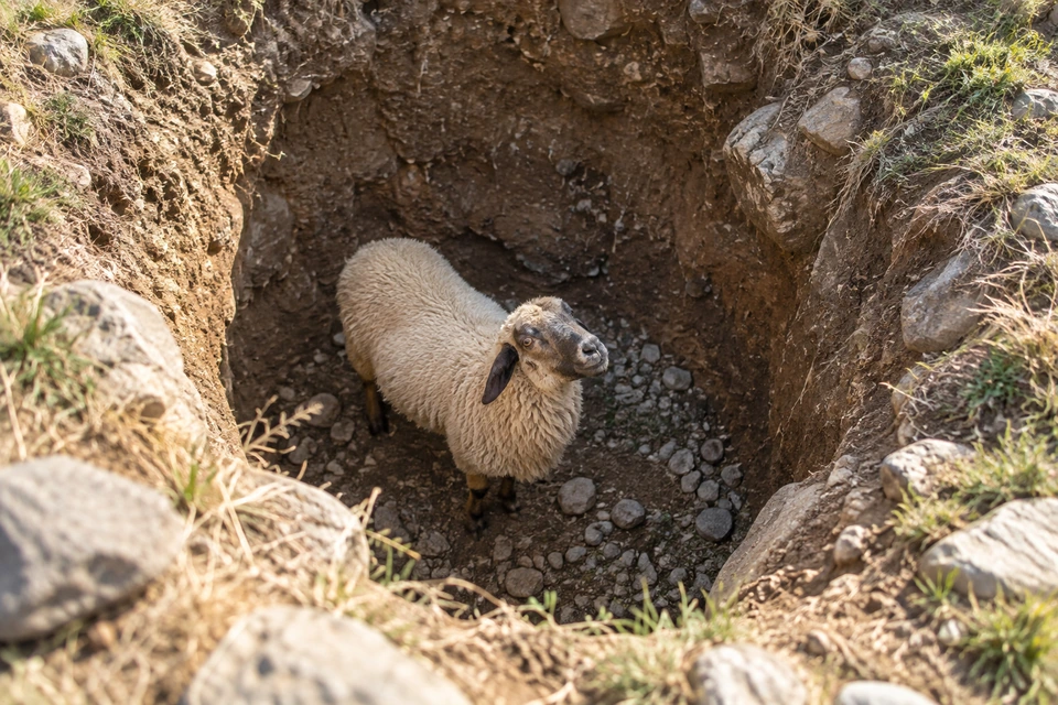 A cream-fleeced sheep with a dark face and drooping ears stands at the bottom of a rocky earthen pit and looks upward.