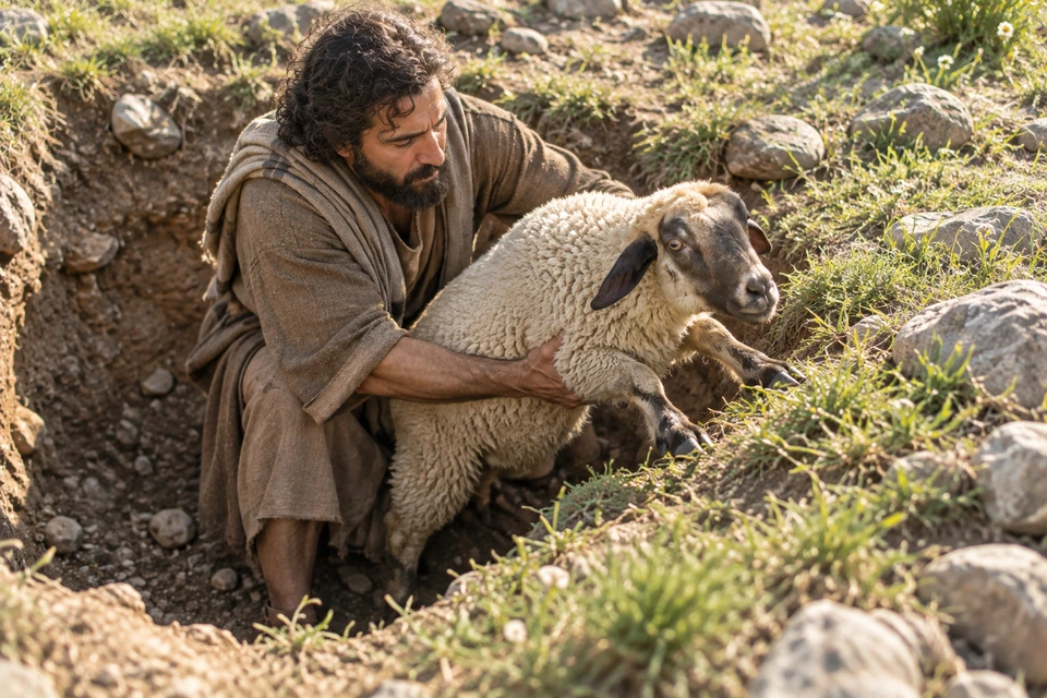 A dark-haired bearded man braces inside the pit and supports the sheep beneath its chest as its front hooves reach the grassy edge.
