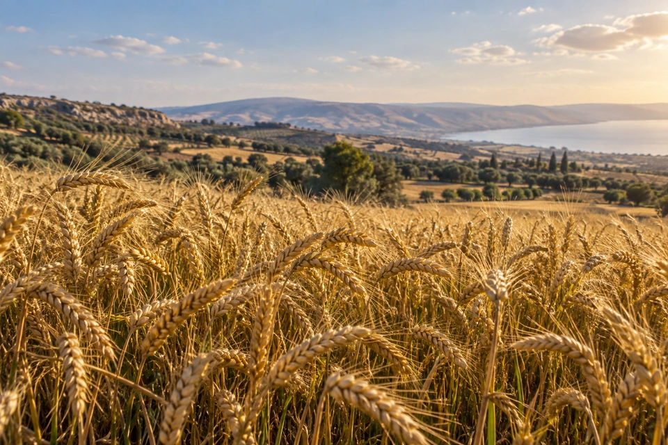 Full heads of ripe grain bend over a fertile field in warm daylight.