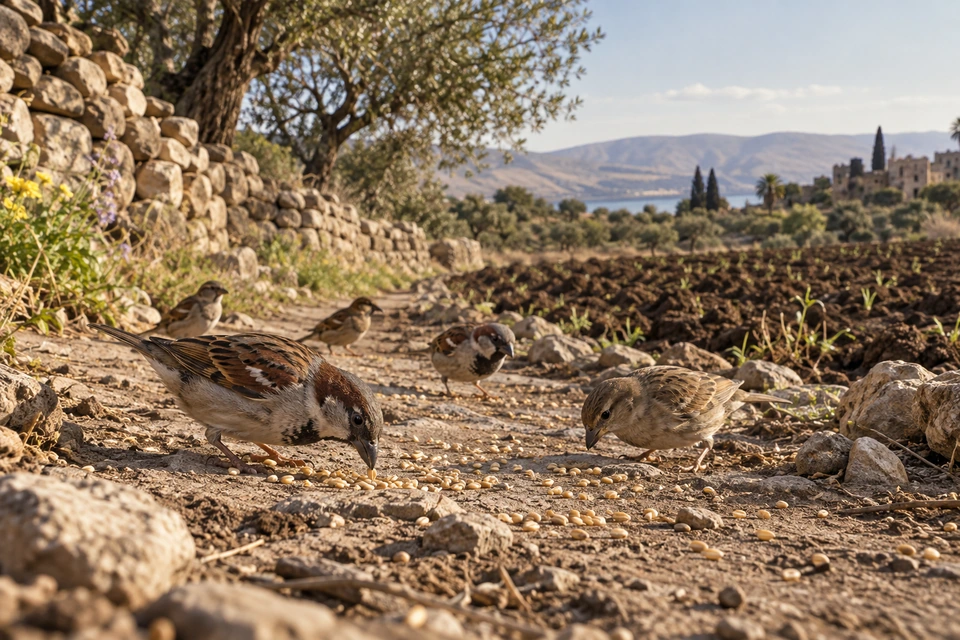 Small birds eat scattered seeds on a hard earthen path beside a field.