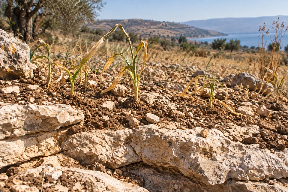 Withered cereal shoots grow in shallow patches of soil over pale rock.