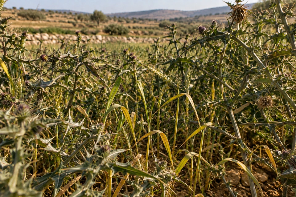 Thin, unfruitful cereal shoots struggle among taller, dense thorns.