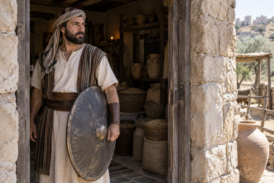 An armed man stands with a shield at a stone doorway, with jars and sacks stored behind him.