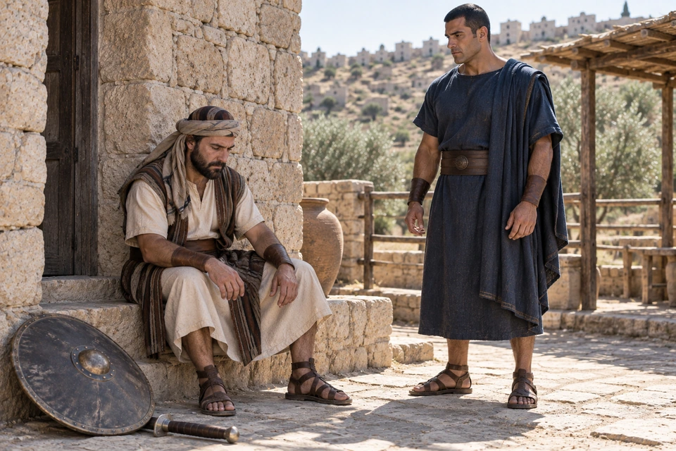A bearded guard sits with lowered eyes beside his shield and weapon while a different man in blue stands nearby.