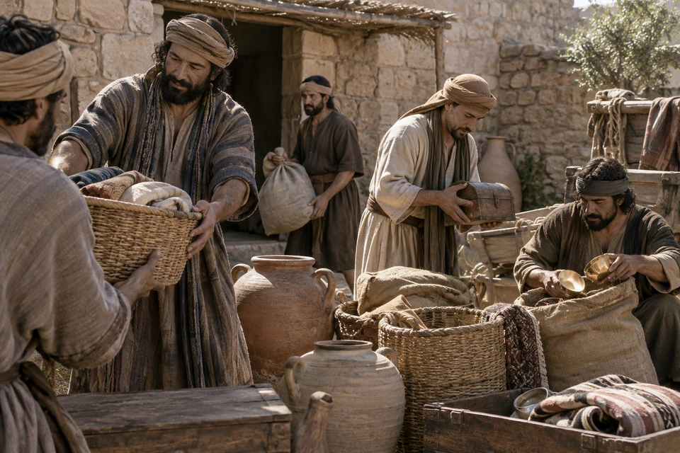 Several adults handle baskets, folded textiles, sacks and vessels in a stone courtyard.
