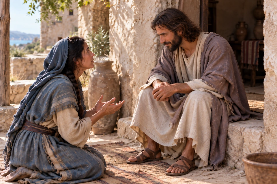 Jesus leans toward a kneeling woman and attends to her earnest request.