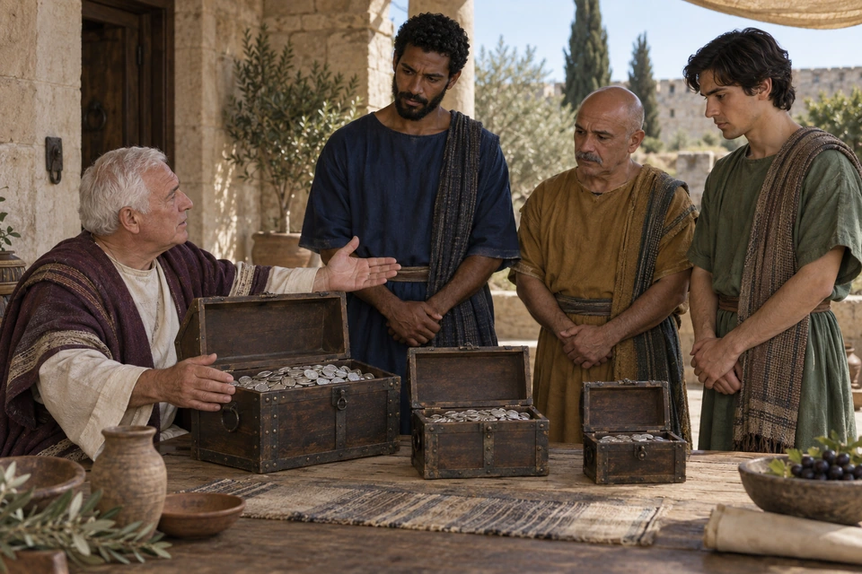 A seated master addresses three distinct servants beside three differently sized chests containing many coins.