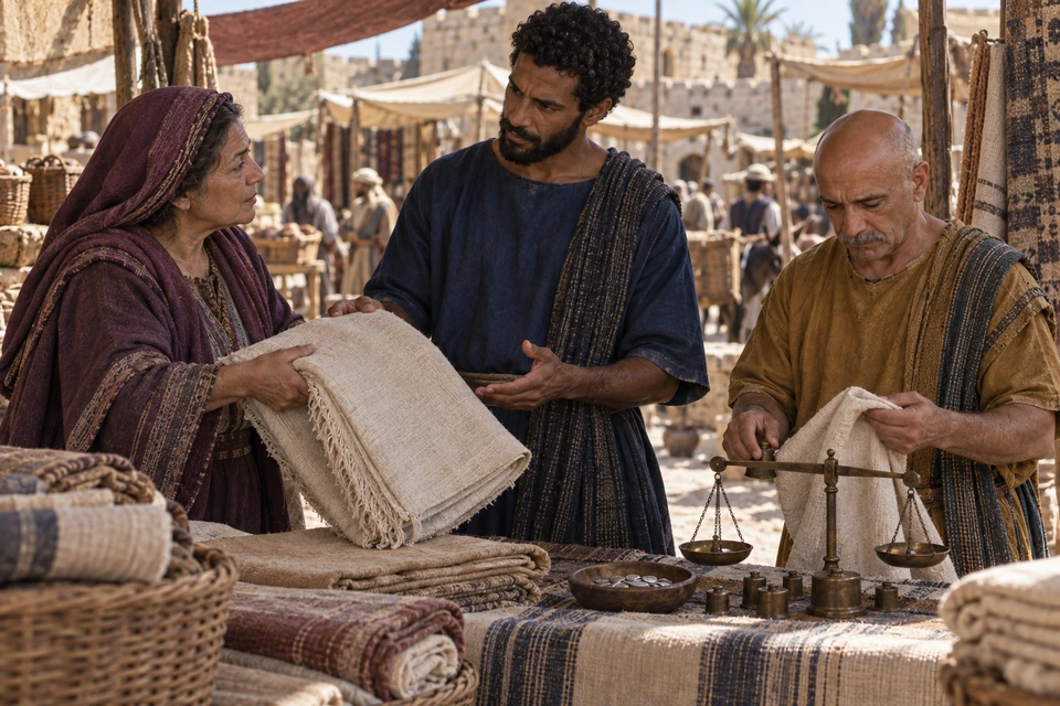Two servants examine cloth at a market stall, one speaking with a seller while the other handles fabric beside a balance and weights.