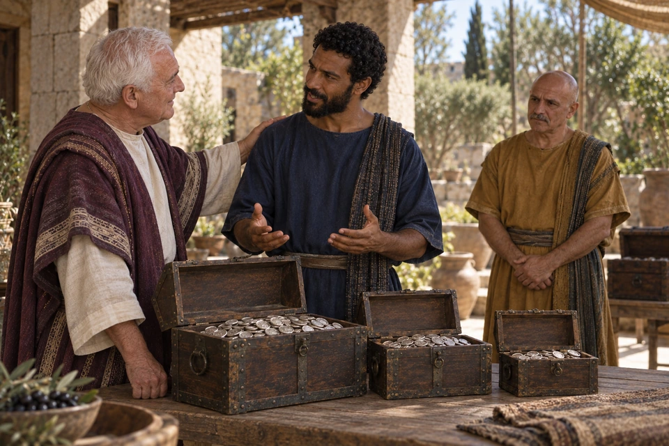 The master rests a hand on the blue-clothed servant's shoulder as the servant speaks beside open coin chests; another servant waits behind.