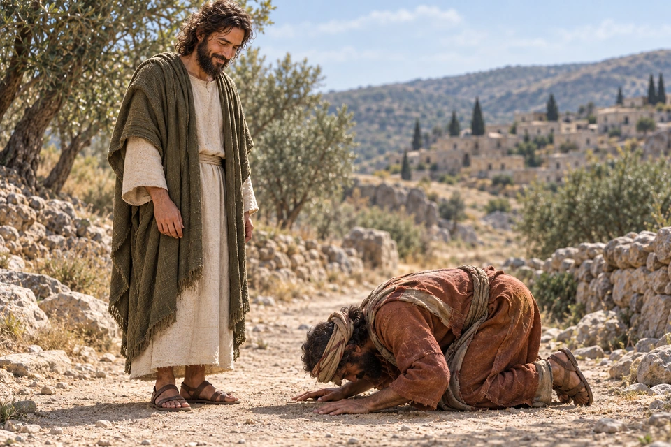 A man bows low at Jesus’s feet on a village path.