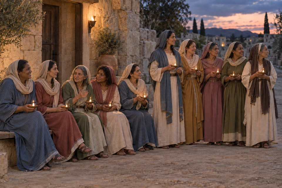 Ten distinct women, five seated and five standing, hold lit oil lamps outside a stone building at dusk.