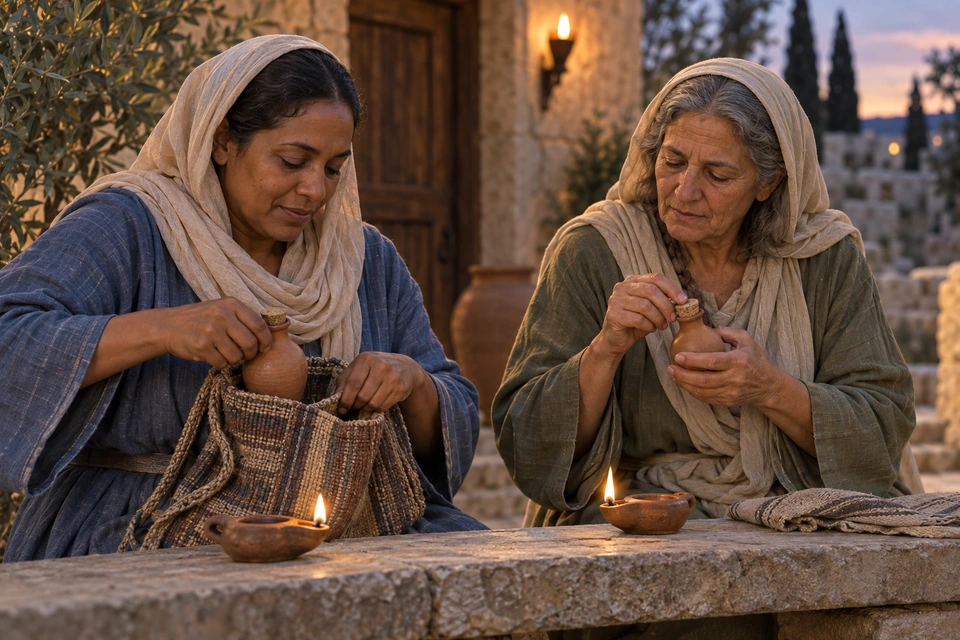 Two women handle small stoppered oil vessels beside their lit lamps, one holding a vessel at the opening of a woven bag.