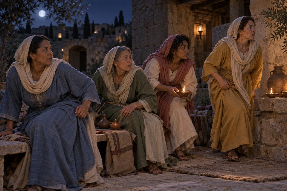 Four women turn toward a call in the night, rising or leaning forward beside their lamps and vessels.