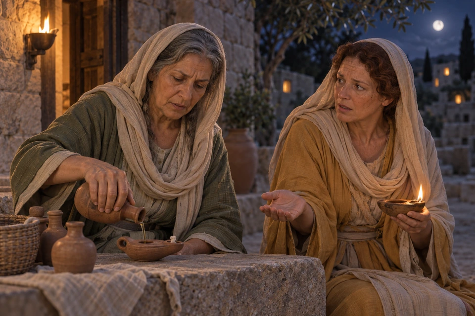 An older woman pours oil into an unlit lamp while an ochre-robed woman holds a burning lamp and extends an open hand.